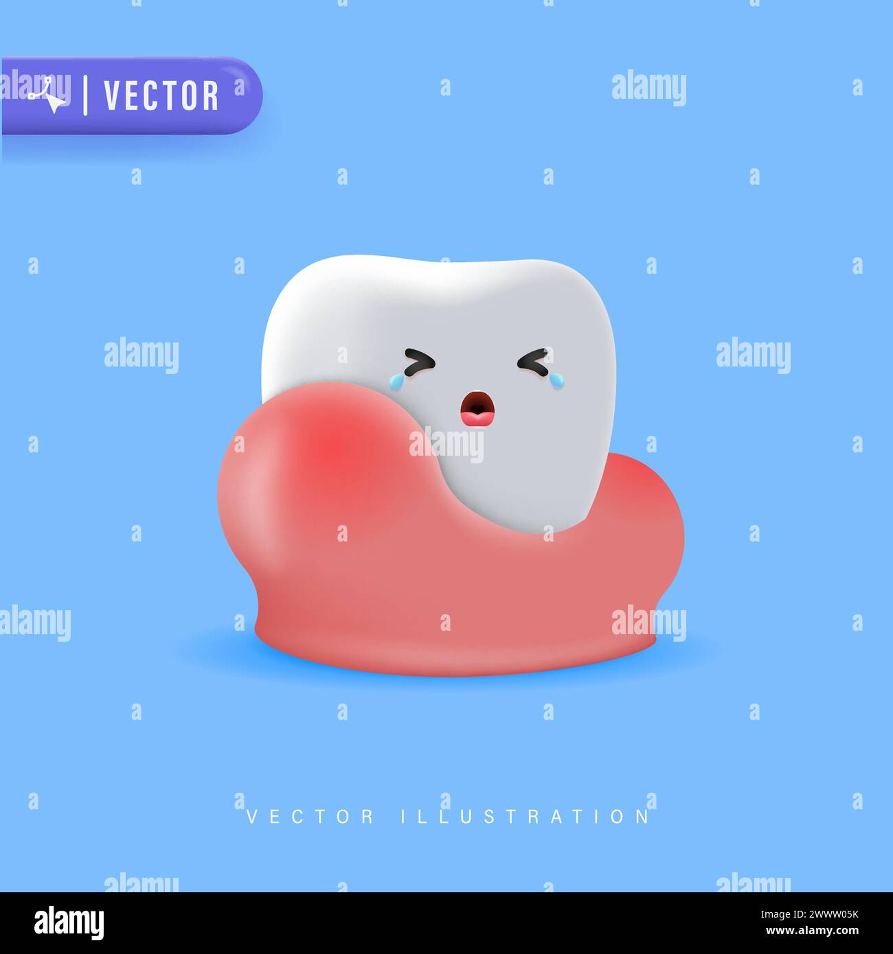 3D netter Cartoon Zahn Charakter mit Gummiproblem Vektor Illustration. Swolen Gum Concept. Illustration der Zahnfleischerkrankung. Parodontitis. Parodont Stock Vektor