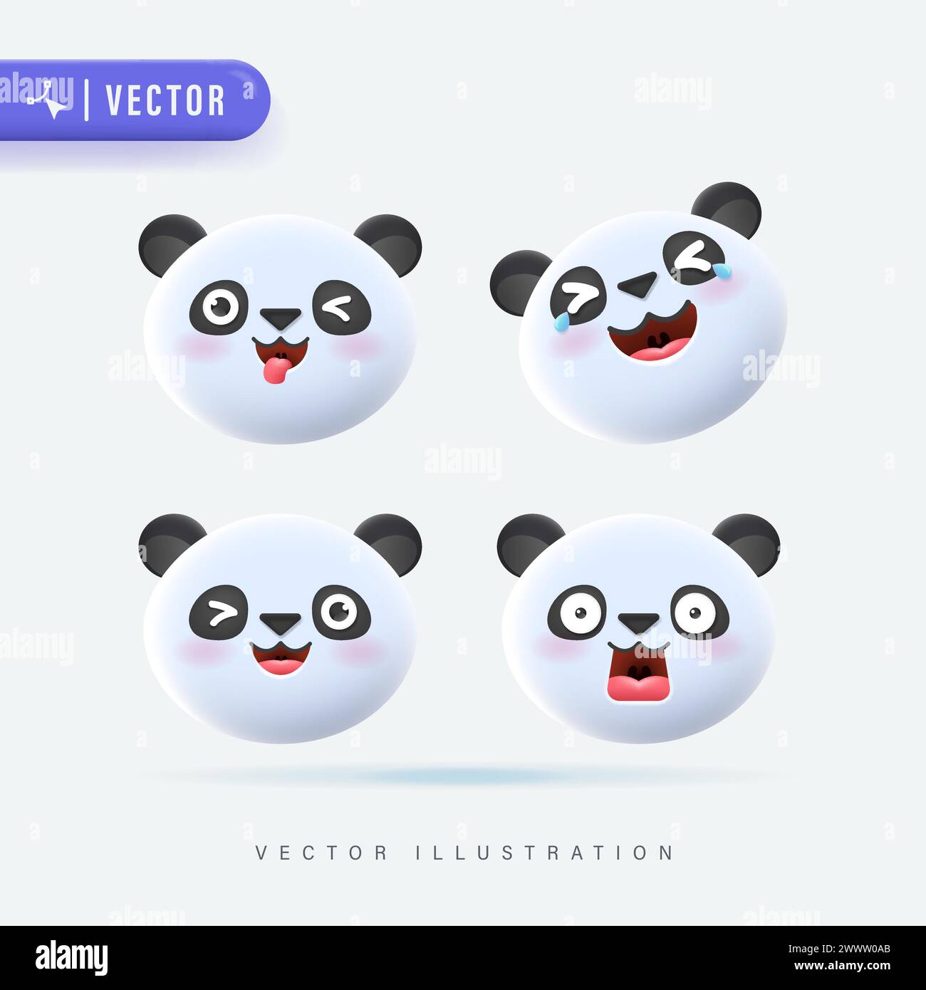 3D realistischer Vektor-Satz der niedlichen Cartoon kleine Panda Icons mit verschiedenen Gesichtsausdruck isoliert in weißem Hintergrund. Einfaches und minimales Panda Cub F Stock Vektor