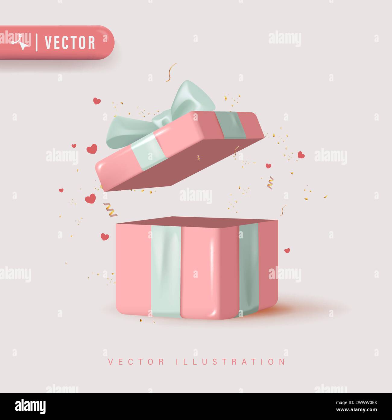 3D realistische Rosa Pastell Geschenkbox mit glänzenden blauen Band Schleife Vektor Illustration. Geöffnete Geschenkbox mit isoliertem Konfetti-Hintergrund Stock Vektor