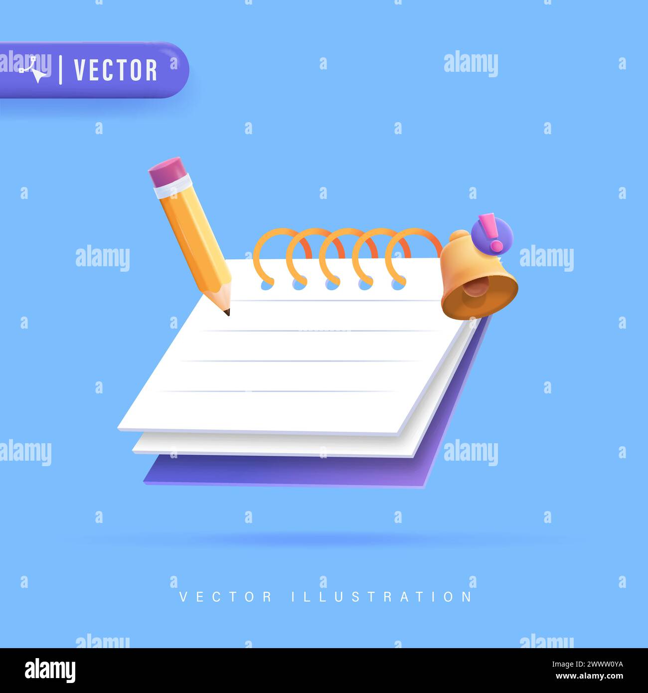 Realistisches 3D-Notizbuchdesign mit Bleistift und Glocke Vektor-Illustration. To-do-Checkliste für die Aufgabenverwaltung in der Zwischenablage in Papier Stock Vektor