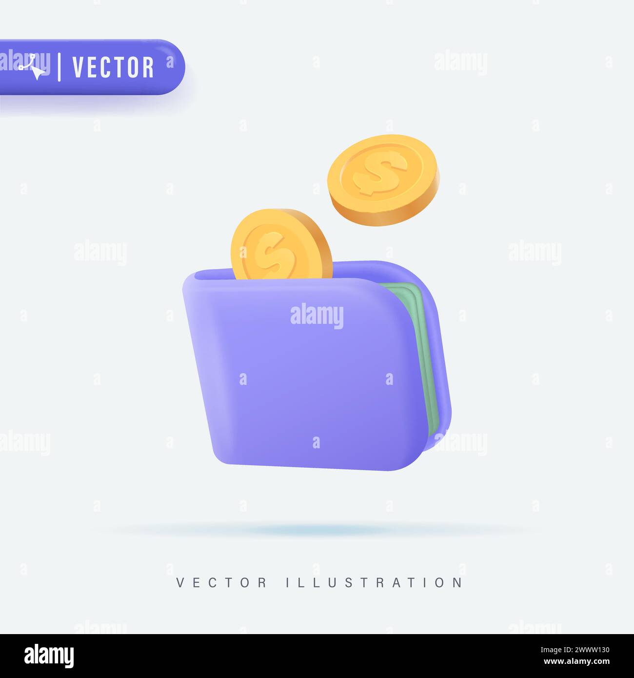 Realistische 3D-Tasche voller Dollar-Münze Vektor-Illustration. Wallet-Symbol. Geldbörsensymbol mit Münzen. Sparkonzept Stock Vektor