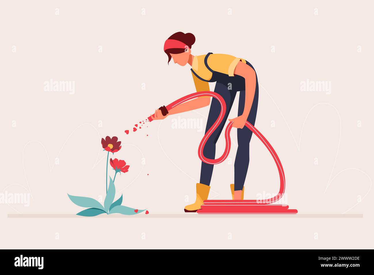 Junge Frau, die Blume mit Wasserschlauch bewässert flaches Design-Konzept, Junge weibliche Gartenarbeit Vektor-Illustration Stock Vektor