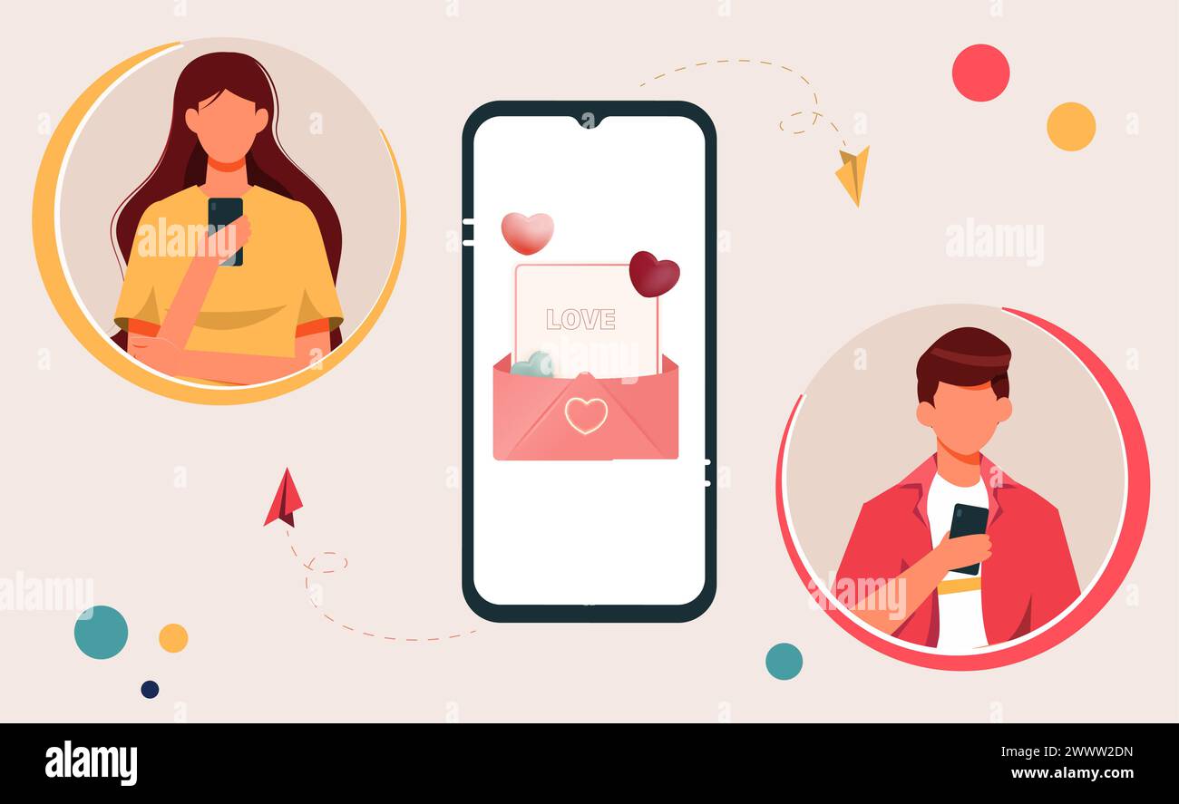 Dating App Flat Design Konzept, Mann und Frau senden Nachricht mit Smartphone in Dating App Vektor Illustration Stock Vektor