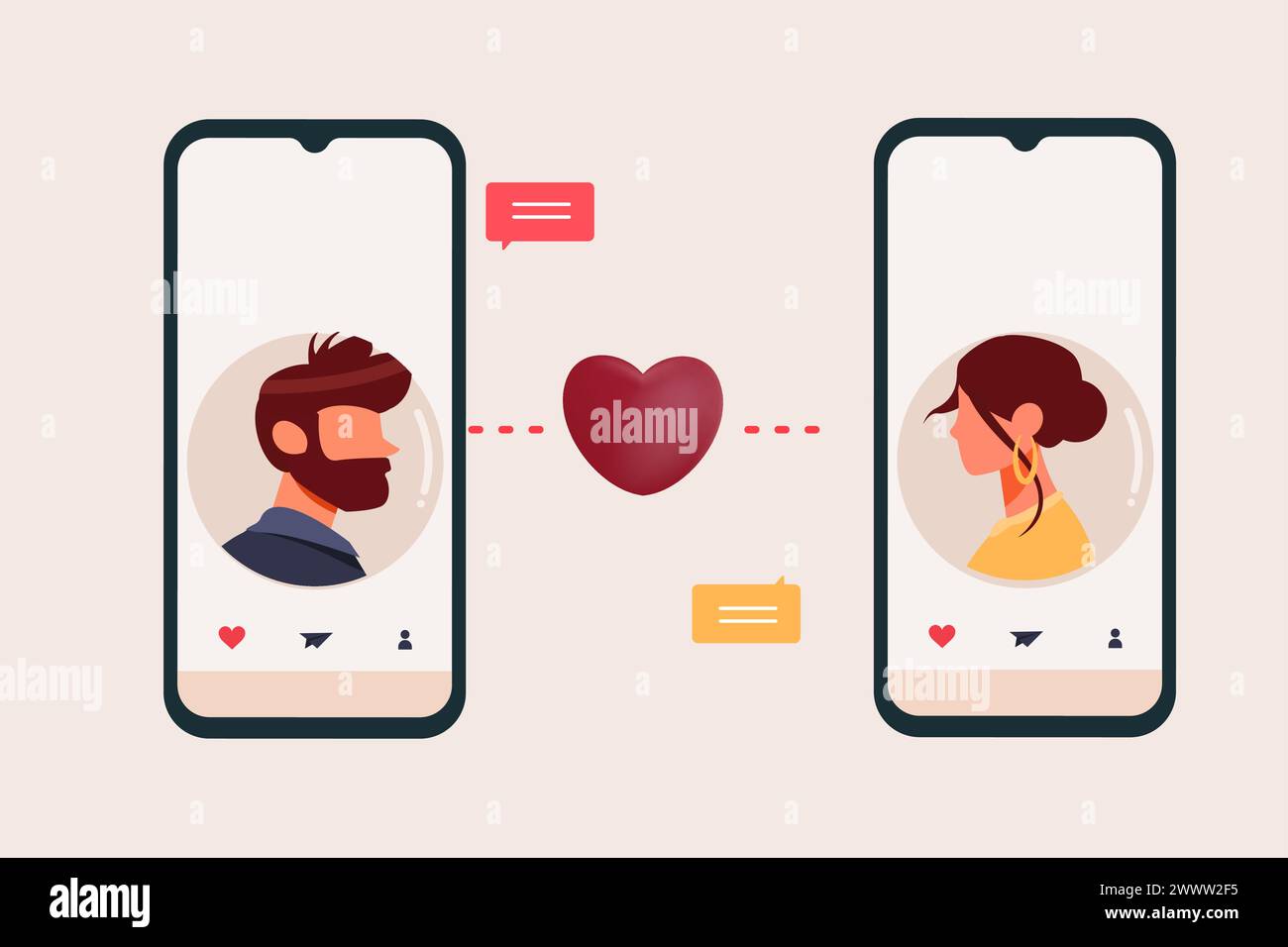 Dating App Flat Design Konzept, Mann und Frau senden Nachricht mit Smartphone in Dating App Vektor Illustration Stock Vektor