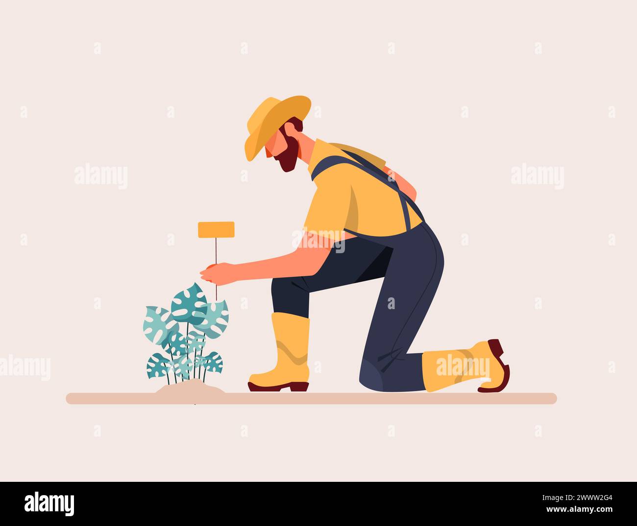 Mann, der im Garten-Flat-Design-Konzept arbeitet, Gärtner-Mann-Vektor-Illustration, Gartenarbeit im Hinterhof Stock Vektor