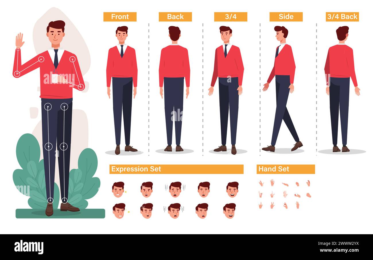 Zeichentrickfigur für Bewegungsdesign Freier Vektor, Basisfigur männlich, Vorder-, Seiten-, Rückansicht animierter Charakter. Man-Charaktererstellung mit vario Stock Vektor