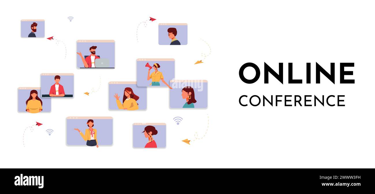 Video-Konferenz-Meeting Online-Konzept Vektor-Illustration. Online-Meeting Arbeitsformular Home. Videoanruf mit Freunden, Online-Studium, Geschäftstreffen. gr Stock Vektor