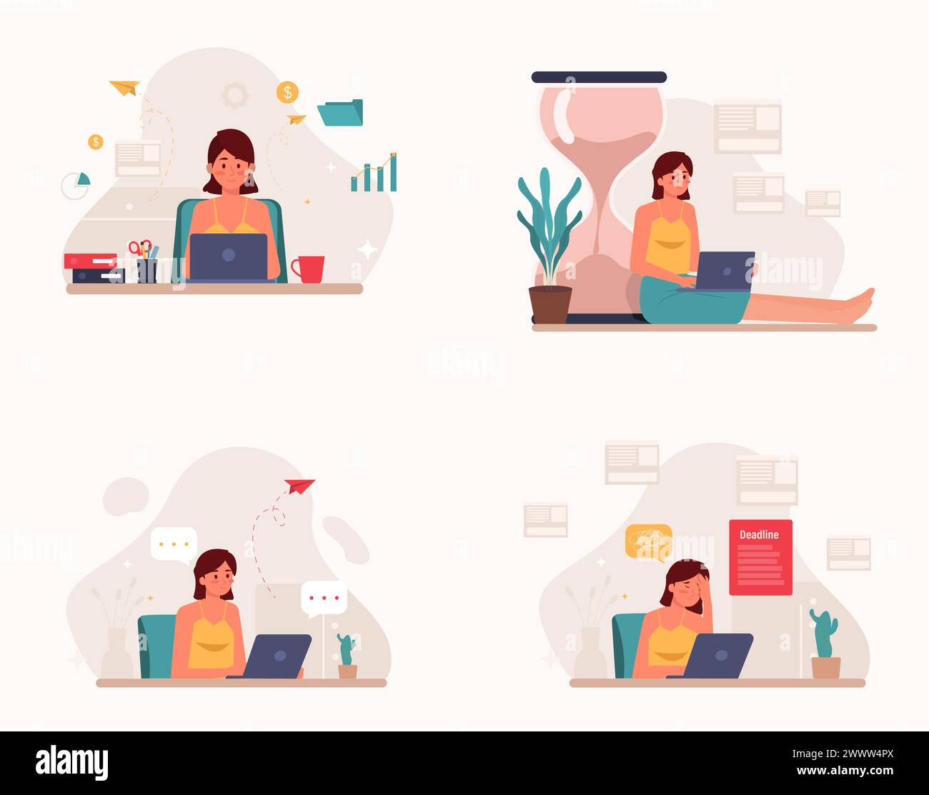 Arbeit von zu Hause Set Vektor Illustration, Online Meeting Set Konzept flaches Design, Freelancer Arbeit zu Hause Vorlage Stock Vektor