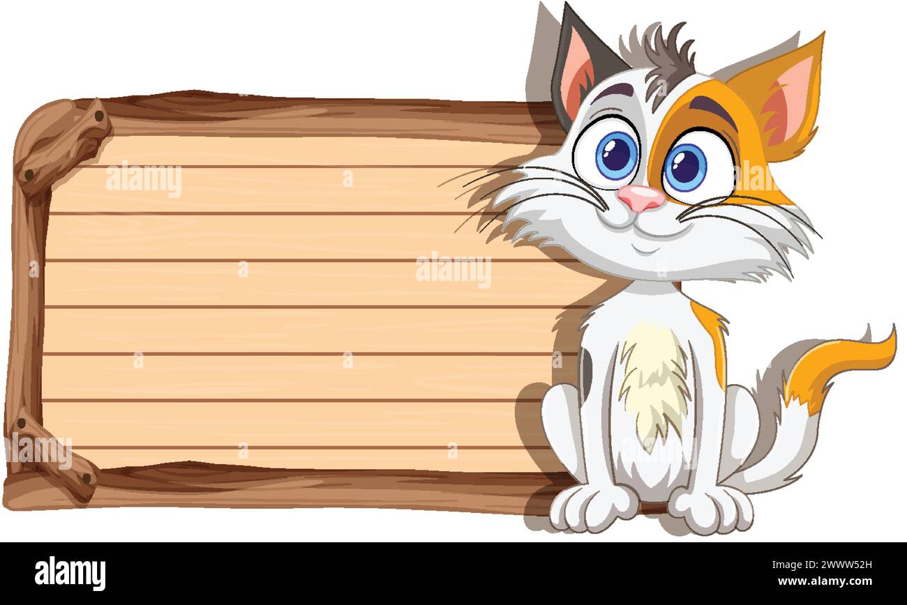 Entzückende Karikaturkatze, die neben einer Holzplanke sitzt. Stock Vektor