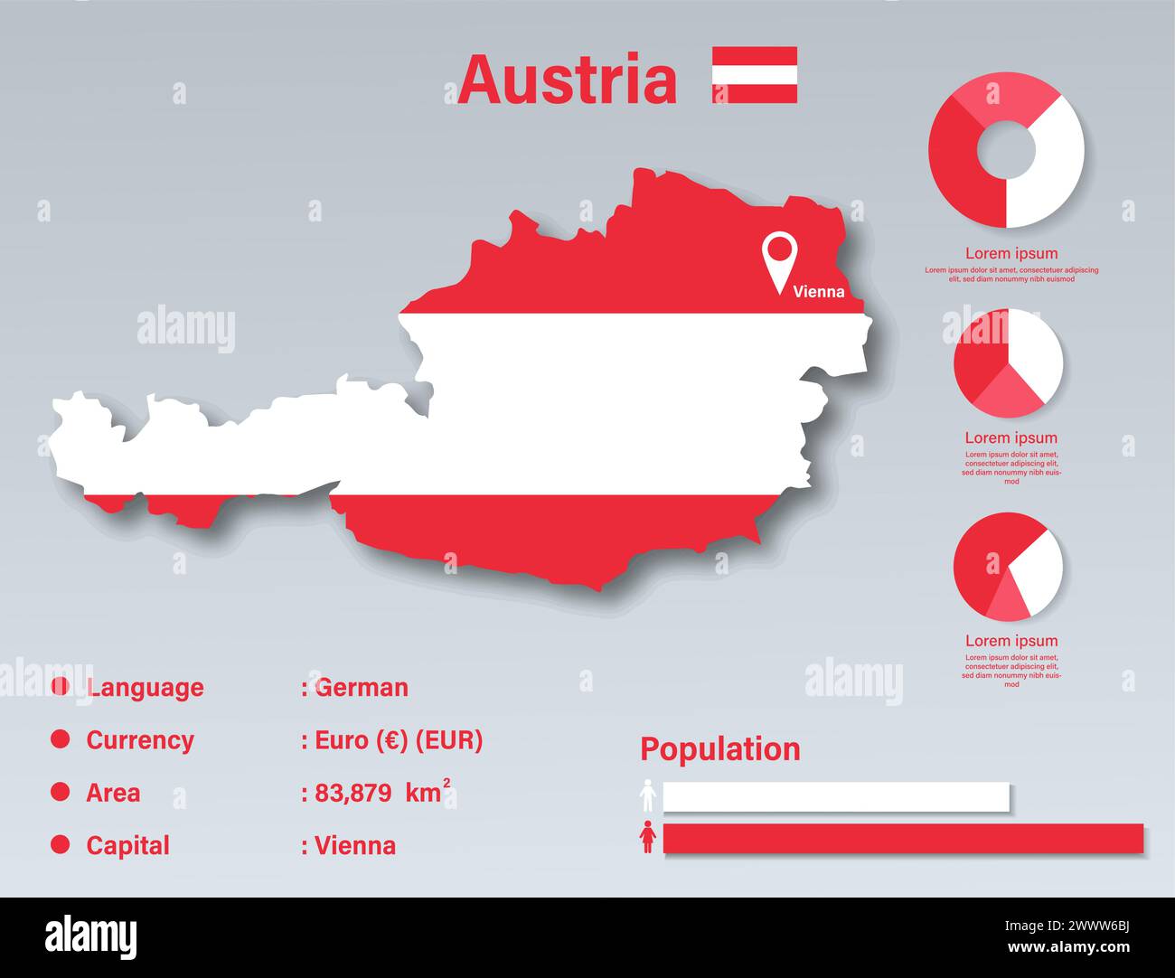 Österreich Infografik Vektorillustration, Österreich Statistisches Datenelement, Österreich Informationstafel Mit Flaggenkarte, Österreich Kartenflagge Flach Stock Vektor