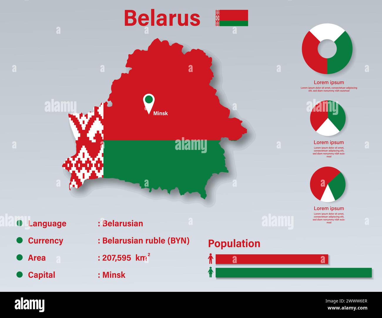 Belarus Infografik Vektorillustration, Belarus Statistisches Datenelement, Belarus Informationstafel Mit Flaggenkarte, Belarus Karte Flag Flach Design Stock Vektor