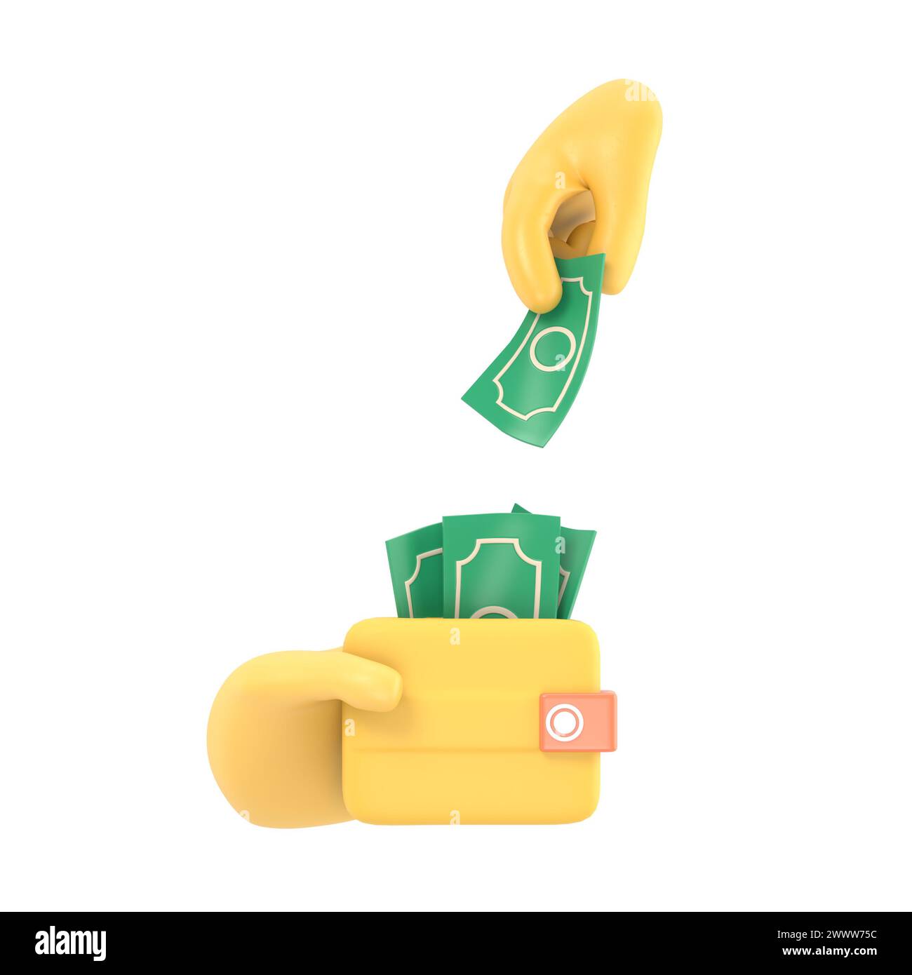 Cartoon Gesture Symbol Mockup.3D Cartoon Hand Dollarscheine in Brieftasche isoliert auf blauem Hintergrund.3D-Rendering auf weißem Hintergrund. Stockfoto