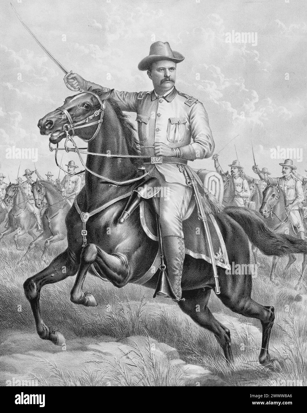 Illustration von Theodore Roosevelt. Kurz & Allison „Rough Rider“ Lithograph – „Col. Theodore Roosevelt U.S.V.“ Stockfoto