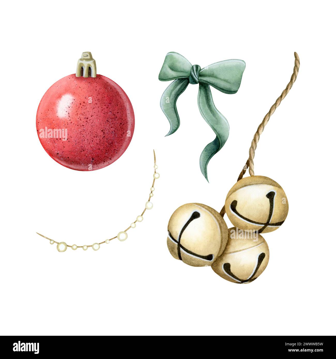 Weihnachtsschmuck Aquarell Illustration Set mit roter Kugel, Schleife, glühender Girlande und Jingle Glocken für Winterferien Stockfoto