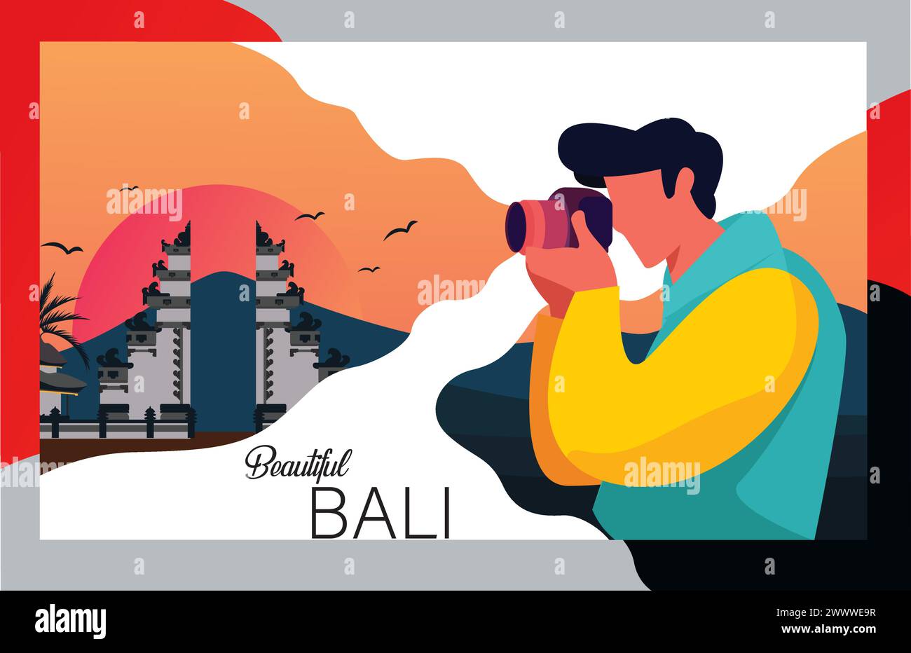 Bali Fotografie Vektor Illustration Flat Design, die schöne Bali Tempel mit Sonnenuntergang Hintergrund, Ein Mann macht Foto von der schönen Bali Temperatur Stock Vektor