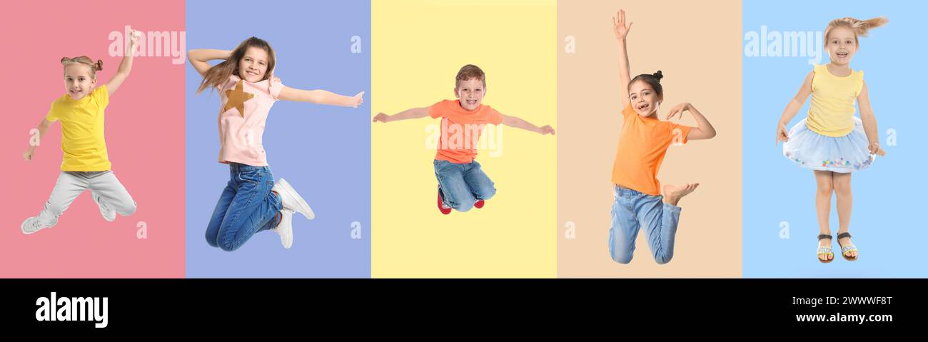 Gruppe von Kindern, die auf farbigen Hintergründen springen, eine Reihe von Fotos Stockfoto
