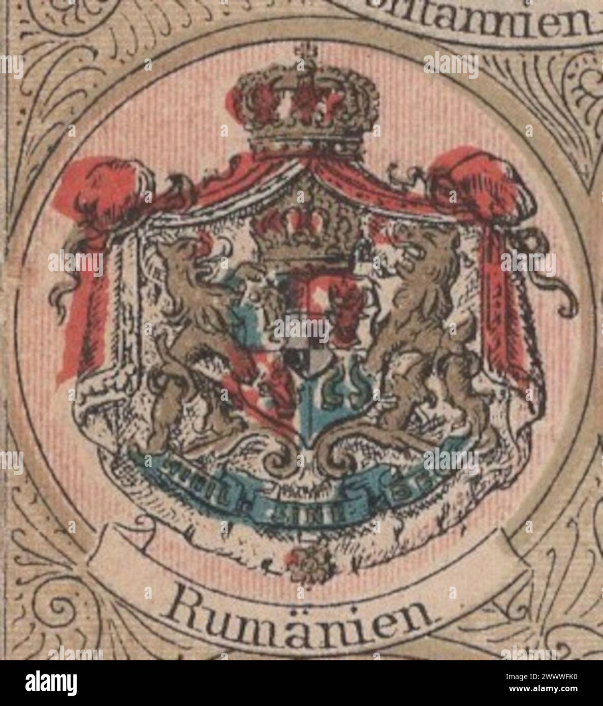 Seltene antike Lithographie aus der Mitte des 19. Jahrhunderts (1850er-1860er Jahre) über das Wappen Rumäniens in deutscher Sprache / antike Lithographie wappen von Rumänien Stockfoto