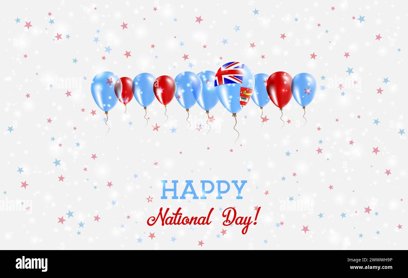 Prickelndes Patriotisches Poster Zum Unabhängigkeitstag Von Fidschi. Ballonreihe in den Farben der Fidschi-Flagge. Grußkarte mit Nationalflaggen, Konfetti und Sternen. Stock Vektor