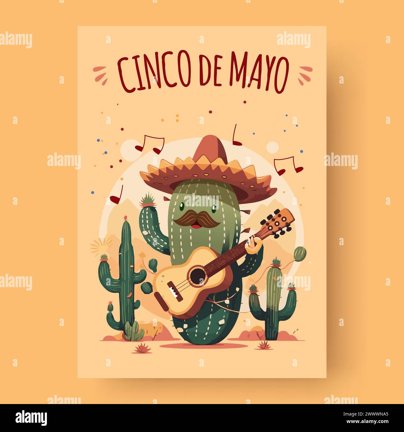 Cinco de Mayo bedeutet 5 Mei, ein Festival in Mexiko. Ein Kaktusfigur spielt Gitarre mit Sombrero hat Vektor Illustration Stock Vektor
