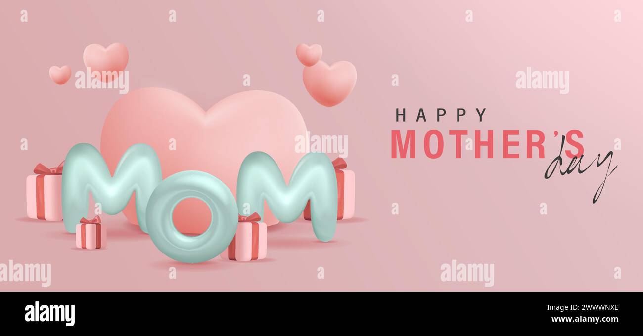 3D realistisches kreatives Konzept für Grußkarte, Banner und Vorlage zum Muttertag. Mama Ballon Wörter mit Geschenkboxen Vektor-Illustration. Stock Vektor