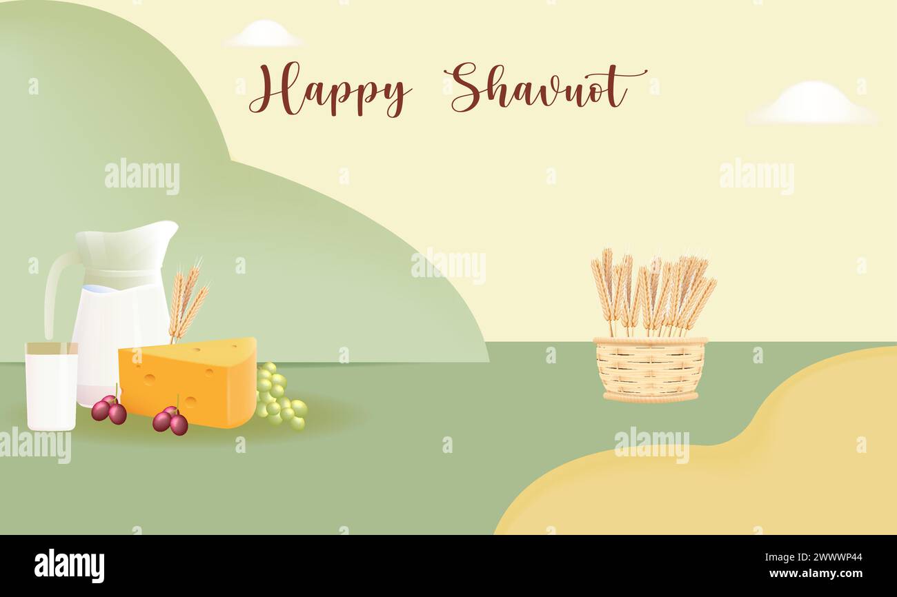 Happy Shavuot Template Banner mit 3D-Stil. Jüdisches Holiday Shavuot Konzept mit Früchten, Weizen und Milchflasche. Vektorabbildung. Grußkarte Tem Stock Vektor