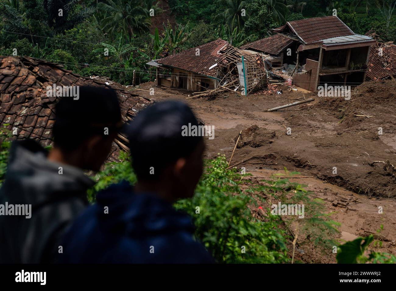 ERDRUTSCHE, DIE DURCH SCHWERE REGENFÄLLE VERURSACHT wurden, wurden durch einen Erdrutsch in Cigintung Village, Cibenda, West Bandung Regency, West Java, Indonesien, schwer beschädigt. 2024. Beamte gaben an, dass mindestens 30 Häuser schwer beschädigt wurden, 352 Menschen vertrieben wurden und 7 Opfer noch vermisst wurden. IMAGO/KHAIRIZAL MARIS Bandung West Java Indonesien Copyright: XxKhairizalxMarisx ERDRUTSCHE DURCH STARKEN REGEN 21 Stockfoto