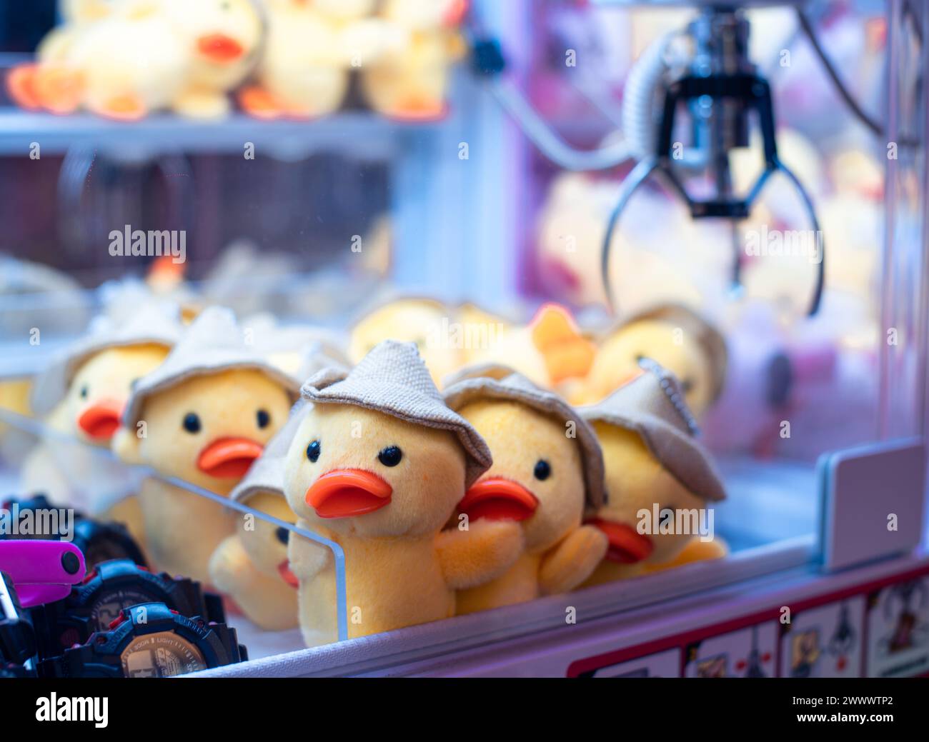 Die Entenplüschtiere in einem CLAW Machine Arcade-Spiel. Stockfoto