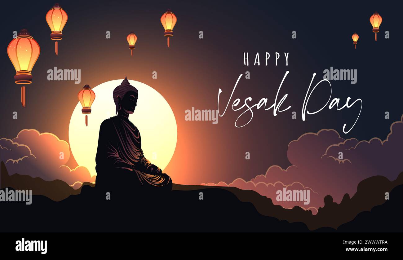 Vesak Day Creative Konzept für Karte oder Banner. Der Vesak-Tag ist ein heiliger Tag für Buddhisten. Happy Buddha Day mit Siddhartha Gautama Statue Design Vektor Il Stock Vektor
