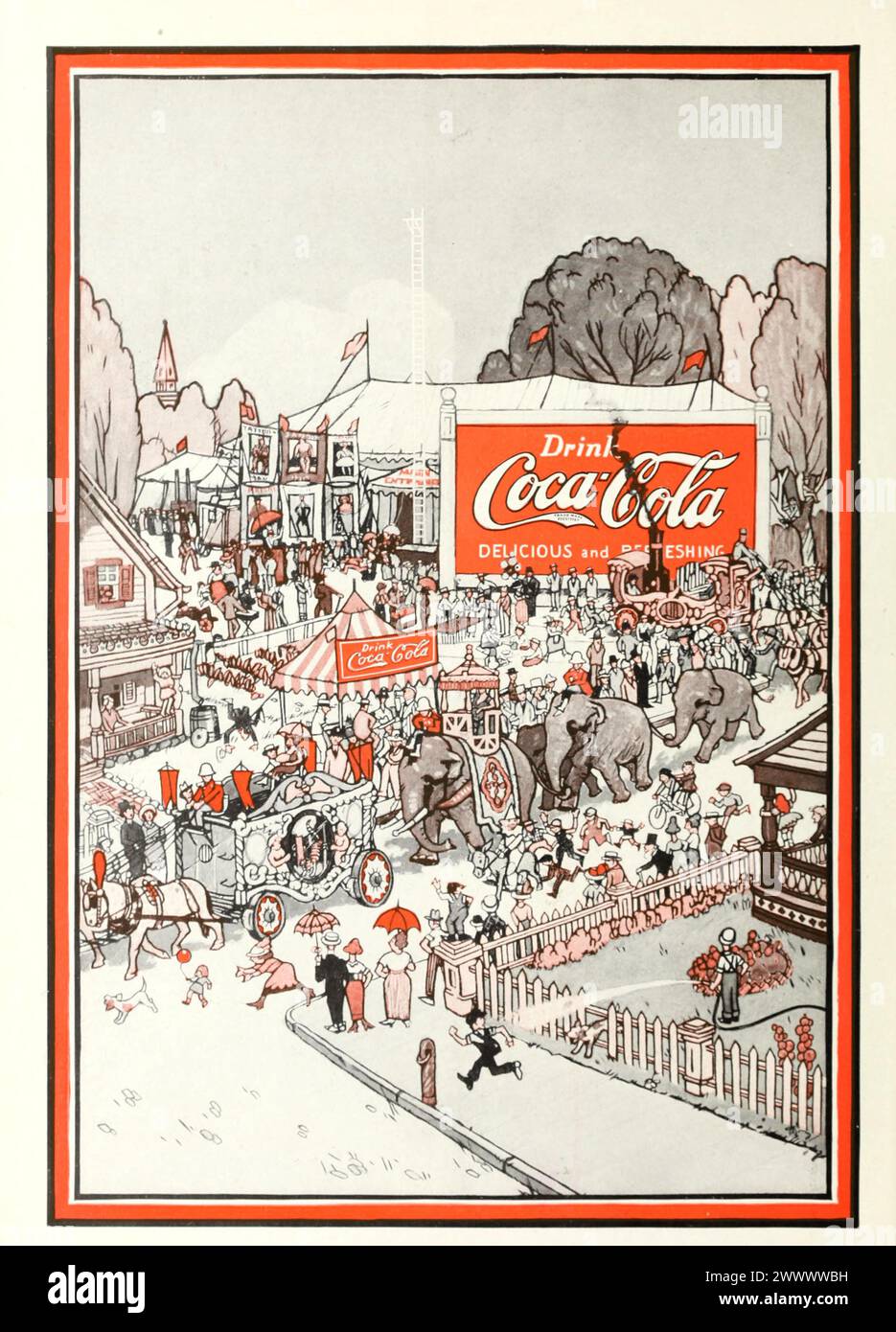 Vintage-Zeitschriftenwerbung um 1920. Coca Cola Werbespot zeigt Zirkusparade durch die Straßen der Stadt und zeichnet Kunst. Stockfoto