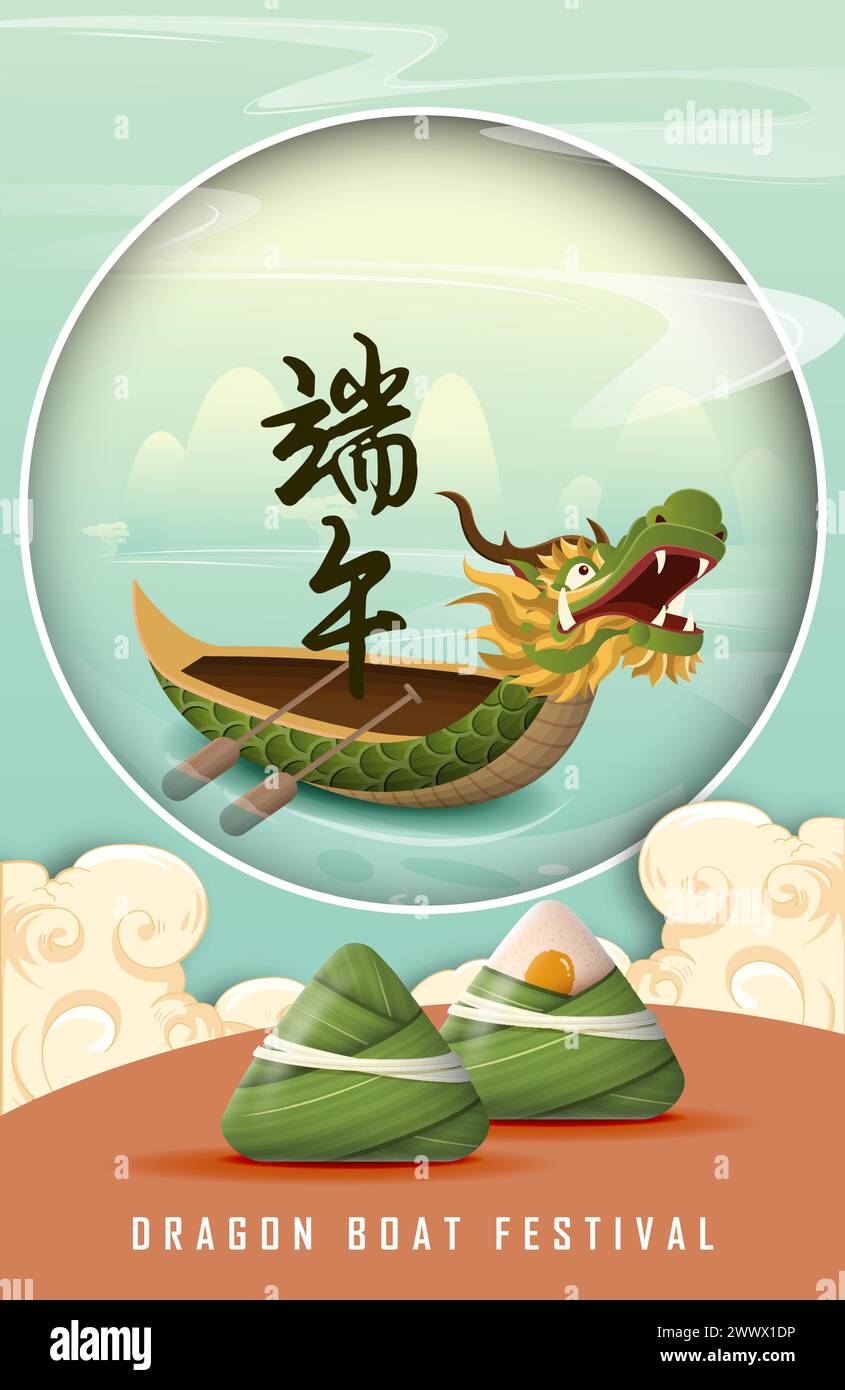 Übersetzung: Happy Dragon Boat Festival. Drachenboot im Fluss für Ruderwettbewerb. Banner für das Duanwu Festival im 3D-Stil. Stock Vektor
