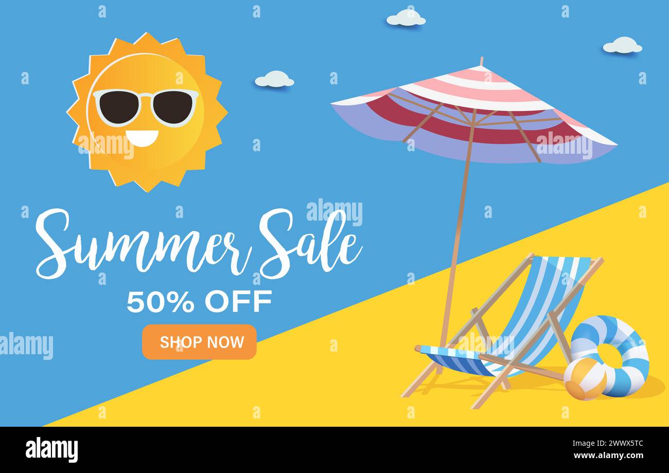 3D realistisches Sommerfahnendesign mit farbenfrohen Beach Elements Hintergrund. Vektorabbildung. Sommerangebot, Post Template, 3D Tropical E Stock Vektor