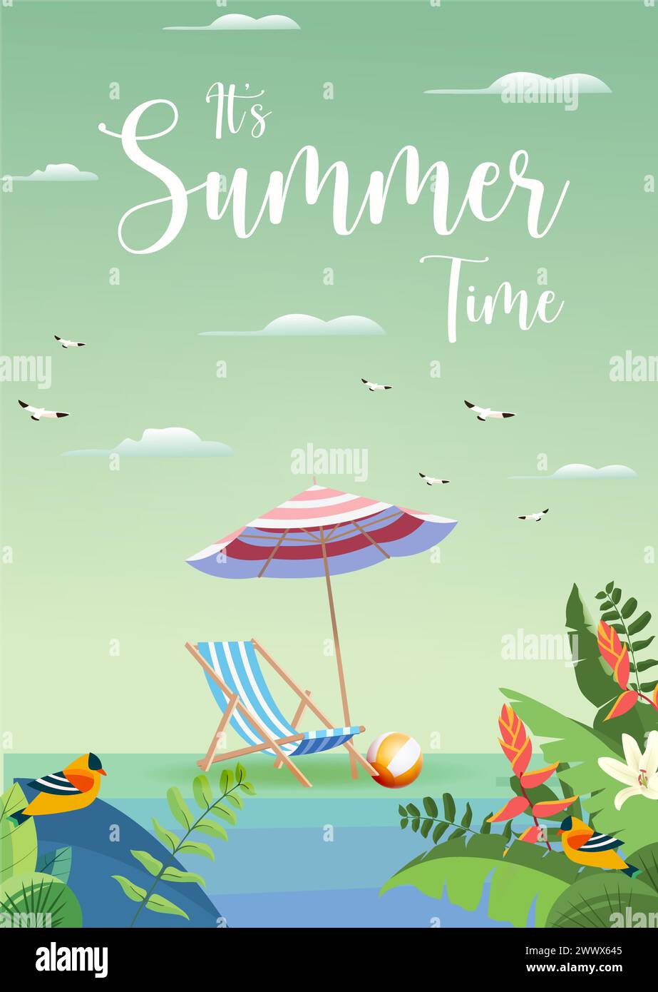 3D realistisches Sommerfahnendesign mit farbenfrohen Beach Elements Hintergrund. Vektorabbildung. Sommerangebot, Post Template, 3D Tropical E Stock Vektor