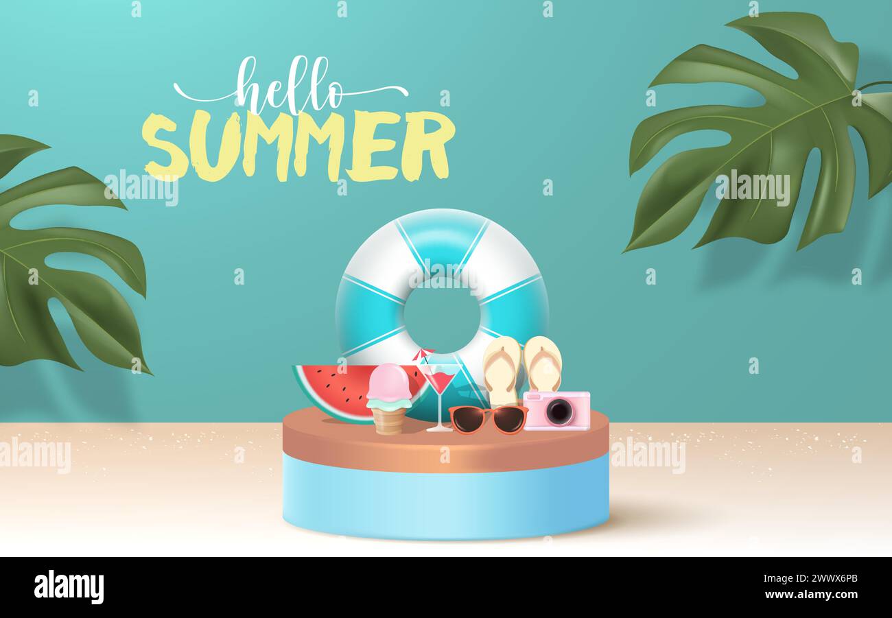 3D realistisches Sommerfahnendesign mit farbenfrohen Beach Elements Hintergrund. Vektorabbildung. Sommerangebot, Post Template, 3D Tropical E Stock Vektor