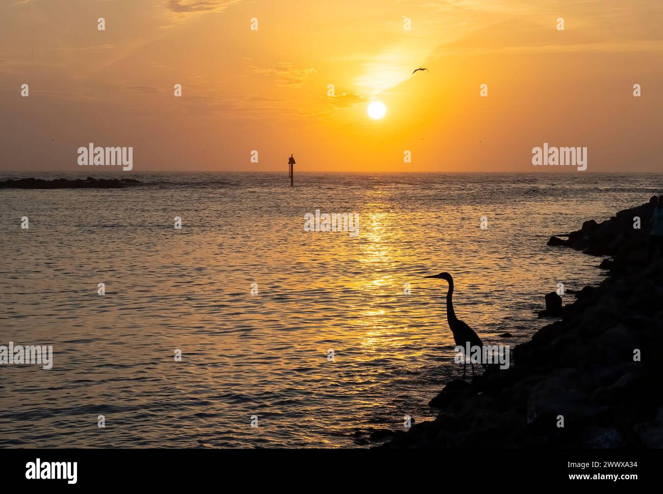 Sonnenuntergang über dem Golf von Mexiko und dem Golf Intracoastal Waterway von der Nokomis Seite des Venice Jetty in Nokomis Florida USA Stockfoto