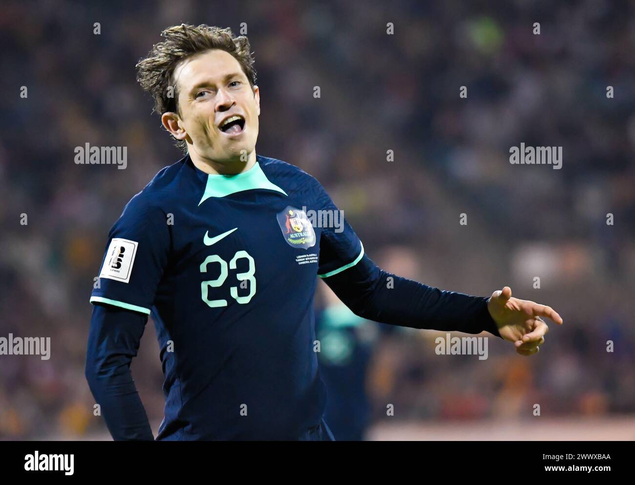 Canberra, Australien. März 2024 Spieler Craig Goodwin feierte seine Klammer während der WM-Qualifikation AFC-Match Libanon gegen Australien. Quelle: Kleber Osorio/Alamy Live News Stockfoto Canberra, Australien. März 2024 Spieler Craig Goodwin feierte seine Klammer während der WM-Qualifikation AFC-Match Libanon gegen Australien. Quelle: Kleber Osorio/Alamy Live News Stockfoto