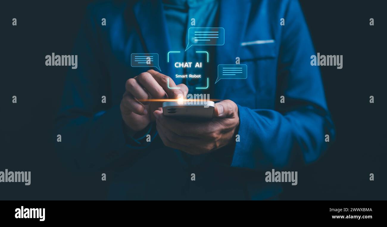 KI-Technologiekonzept, Werkzeug für künstliche Intelligenz, Analyst für Automatisierungsdaten mit Technologie KI-System, neue Technologie für künstliche Intelligenz Befehlsprom Stockfoto