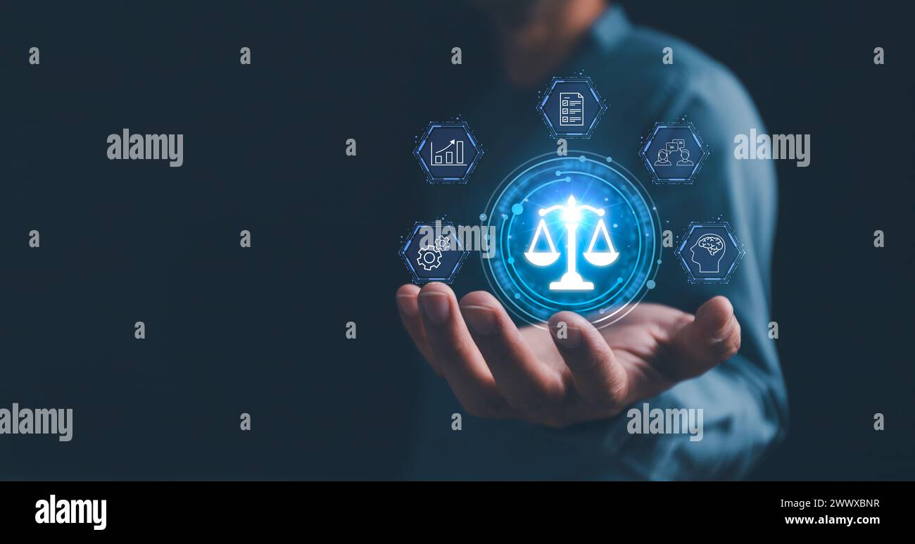 Business Ethik und Compliance-Konzept, Ai Ethik ethische Investitionen, nachhaltige Entwicklung. Geschäftsintegrität und Moral. Effektive Compliance Stockfoto