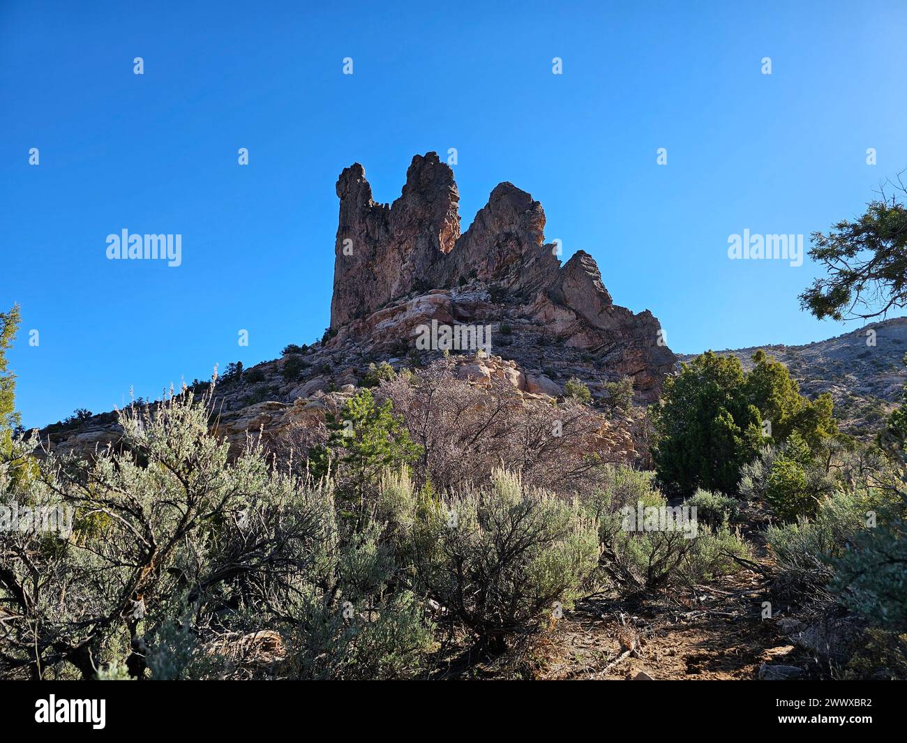 Die Felsformationen gegen den hellblauen Himmel. Teec Nos Pos Canyon, Arizona Stockfoto