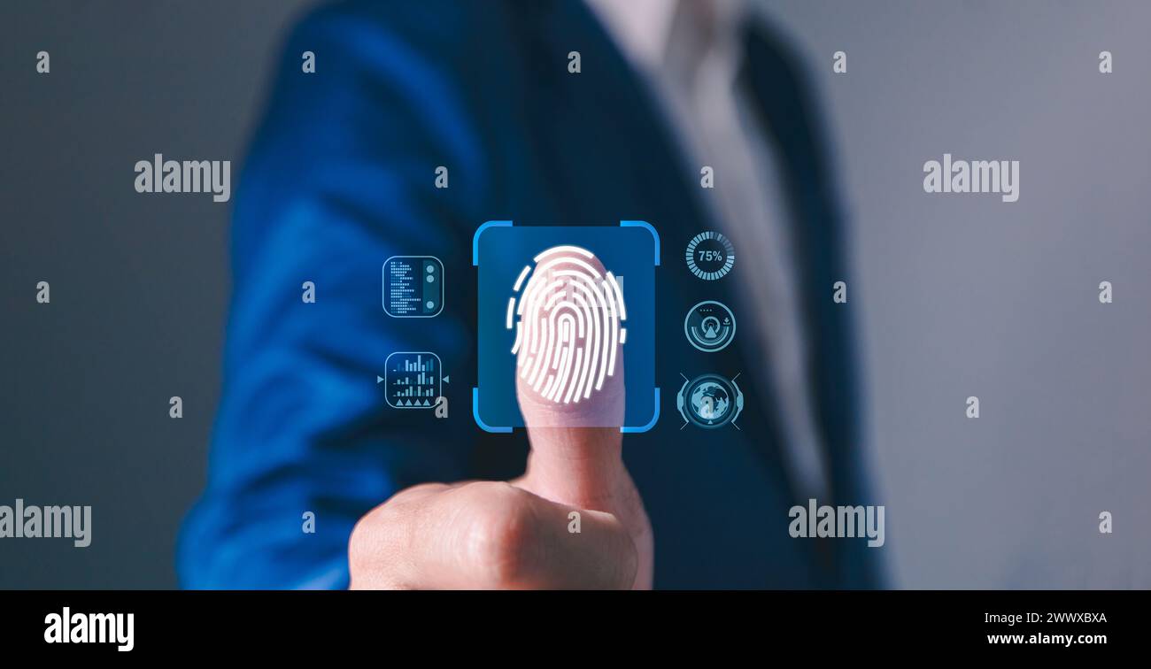 Geschäftsmann Fingerabdruckscannen und biometrische Authentifizierung, Cybersicherheit und Fingerabdruckpasswörter, zukünftige Technologie und Kybernetik, Cybersicherheit Stockfoto