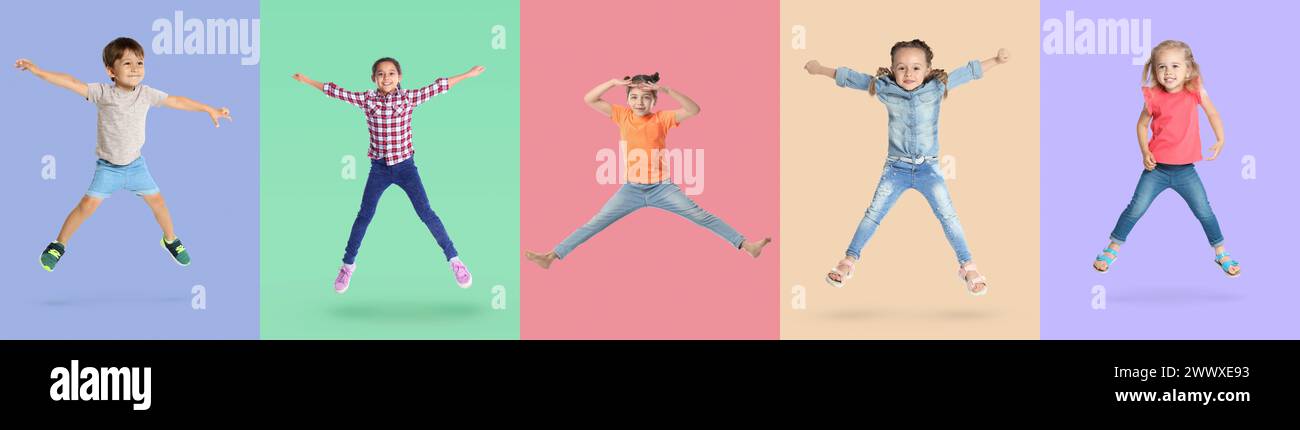 Gruppe von Kindern, die auf farbigen Hintergründen springen, eine Reihe von Fotos Stockfoto