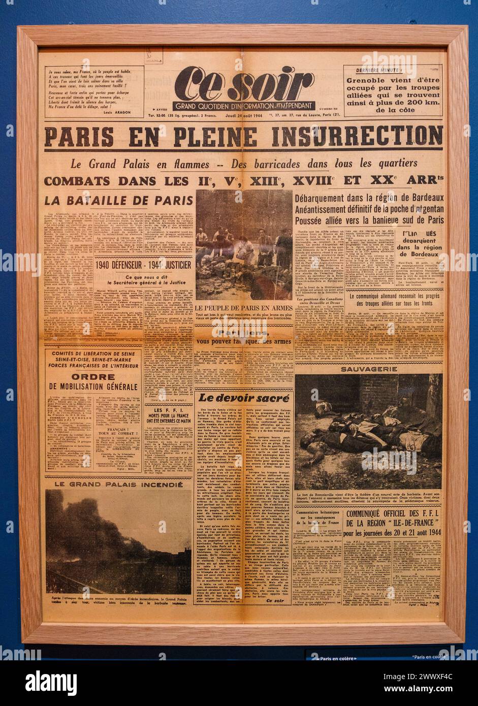 © Arnaud BEINAT/Maxppp. 26.03.2024, Paris, Frankreich. La une du Journal CE soir daté du 24 août 1944. Inauguration de l'Exposition Paris Brule-t-il quand le cinéma réinvente la Fiction au musée de la Libération de Paris, Musée du général Leclerc, Musée Jean Moulin. L'Exposition, qui se tiendra du 27 mars au 22 Septembre 2024, explique le Film de René Clément et le met en perspective avec l'histoire vraie et certains objets liés à la Libération de Paris en août 1944. Quelle: MAXPPP/Alamy Live News Stockfoto