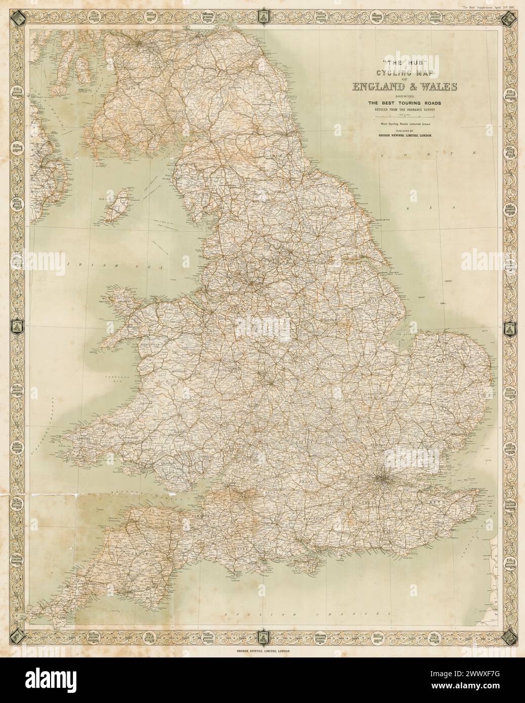 Klassische Geografische Karte. 'The Hub' Fahrradkarte von England & Wales : zeigt die besten Touren Straßen, reduziert von der Kampfmitteluntersuchung / gezeichnet, graviert und gedruckt von John Bartholomew & Co. 1897 Stockfoto