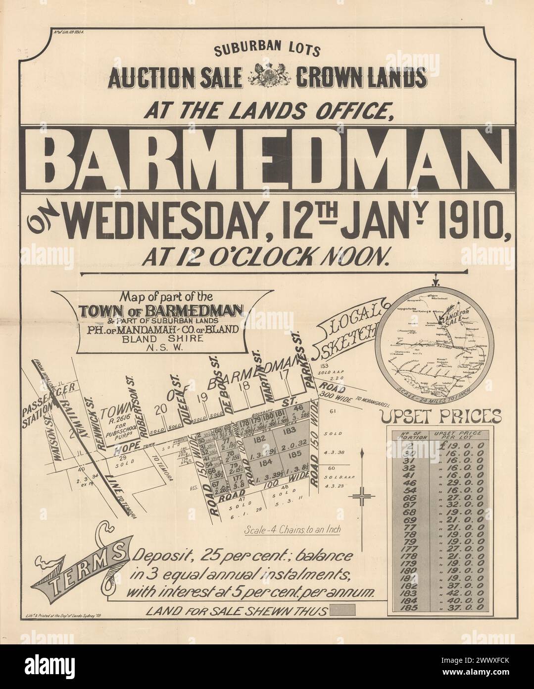 Vorort-Lots Auktionsverkauf, Crown Lands beim Landamt, Barmedman [kartographisches Material] : am Mittwoch, den 12. Januar 1910, um 12 Uhr mittags. Sydney Australien Stockfoto