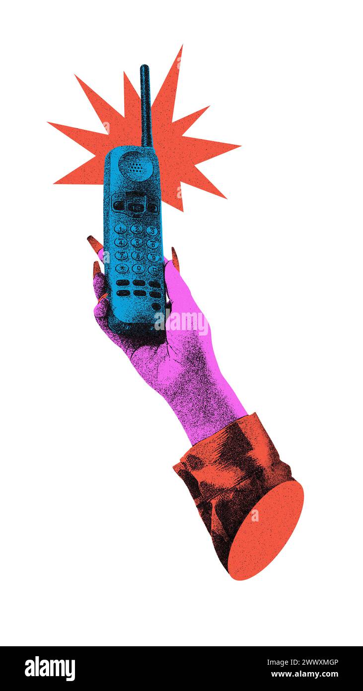 Weibliche Hand, die ein Retro-Telefon vor weißem Hintergrund hält. Körniger Effekt. Notruf. Zeitgenössische Kunstcollage. Stockfoto