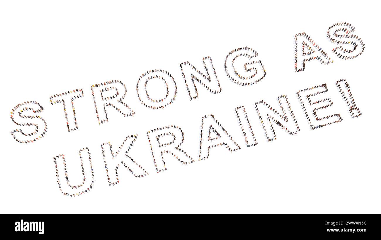 Konzeptionelle Gemeinschaft von Menschen, die die STARKE Botschaft DER UKRAINE bilden. 3D-Illustration für Stärke, Widerstandskraft, Patriotismus, Entschlossenheit Stockfoto