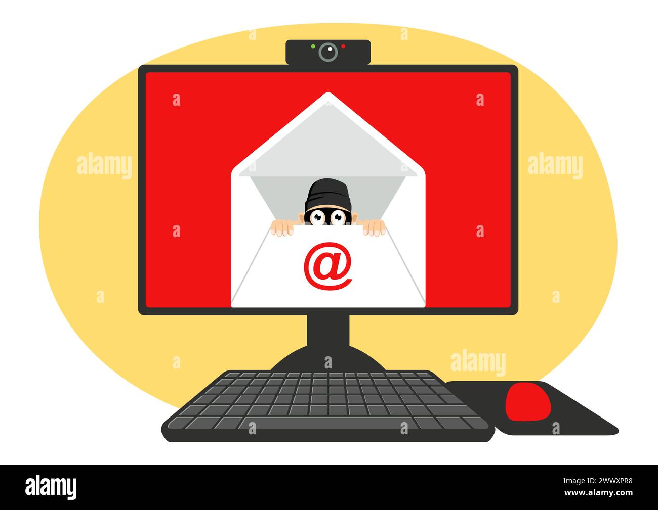 Lustiger Cartoon eines Diebes, der aus dem Inneren eines Umschlags blickt, Betrug, Phishing-E-Mail-Konzept Stock Vektor