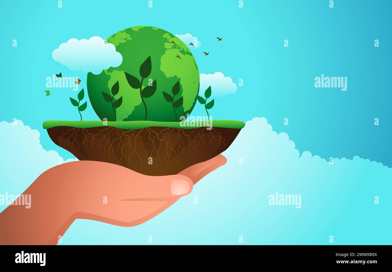 Hand hält einen Klumpen Erde mit einem jungen Baum und dem Planeten Erde darüber, ein Symbol des Umweltbewusstseins, das die Vision einer Sustaina darstellt Stock Vektor