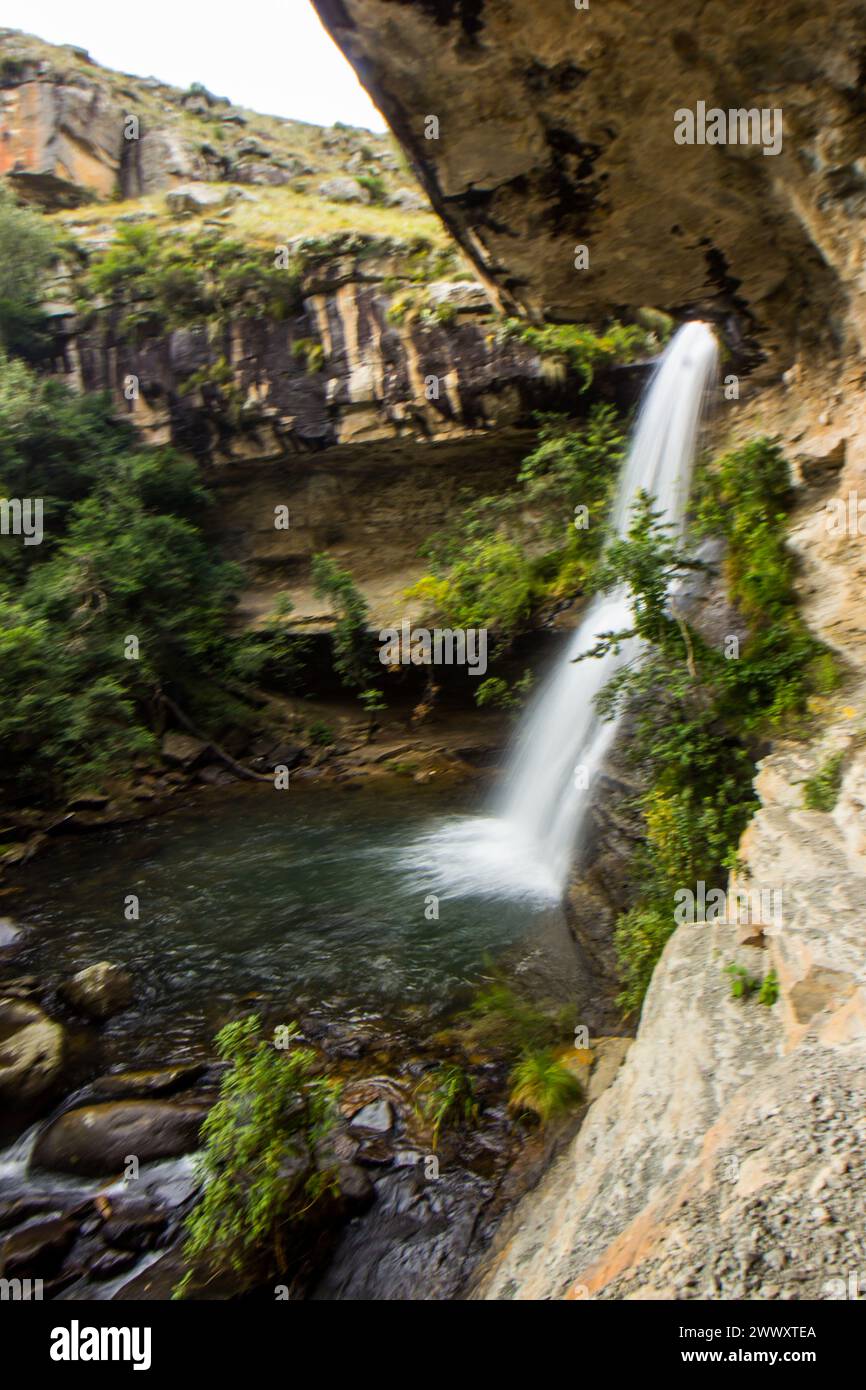 Ein Wasserfall, der in einem klaren, geschützten Becken in den Drakensberg Mountains in Südafrika kaskadiert Stockfoto