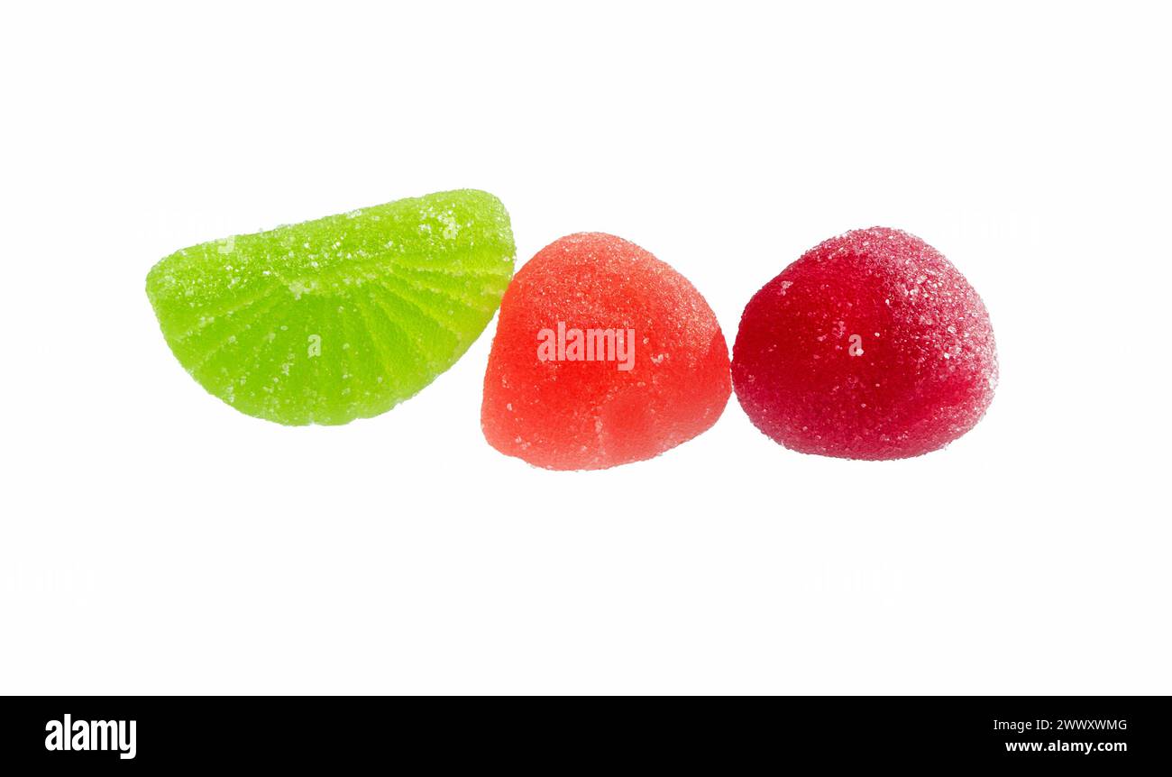 Gelee Sugar Bonbons isoliert auf weißem Hintergrund. Jelly Frucht Süßigkeiten aus der Nähe. Stockfoto