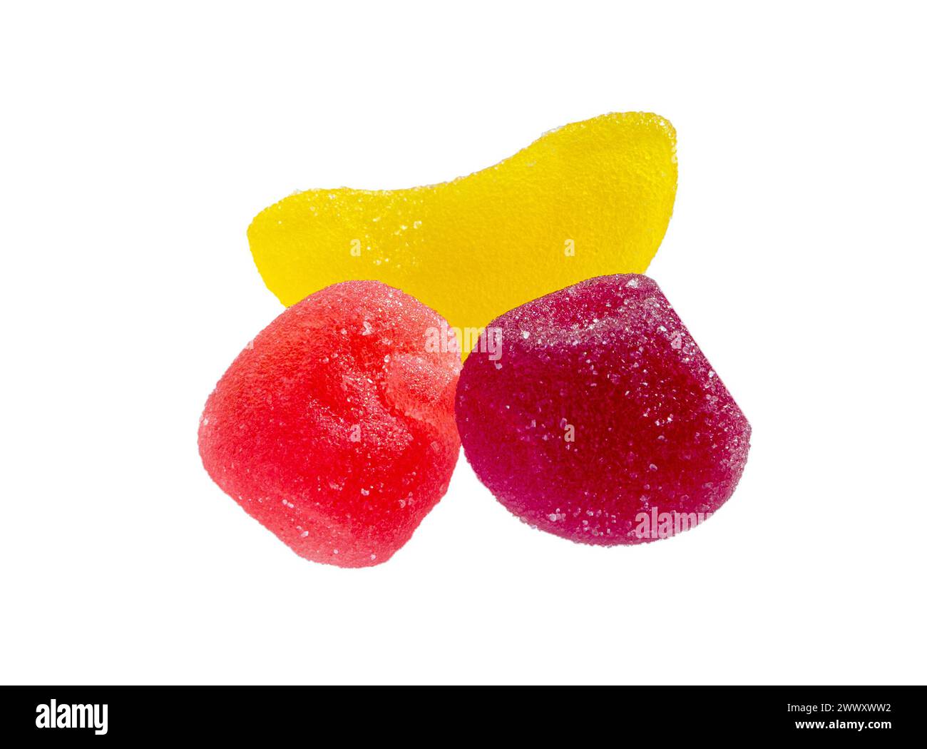 Gelee Sugar Bonbons isoliert auf weißem Hintergrund. Jelly Frucht Süßigkeiten aus der Nähe. Stockfoto